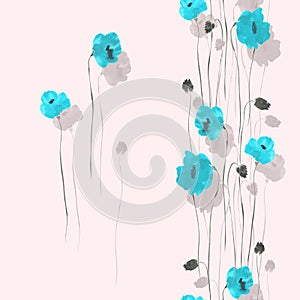 Seamless pattern of blue and gray flowers on a light pink background. Watercolor -1