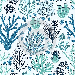 Seamless pattern with blue and green corals and seaweed. Backdrop with seabed species, underwater flora and fauna
