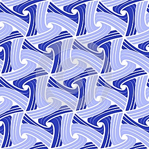 Seamless pattern with blue hand-drawn doodle swirls and twist. Vortex lines continuous background