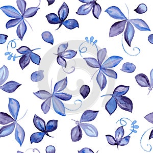 Seamless pattern with blue hand drawn watercolor leaf