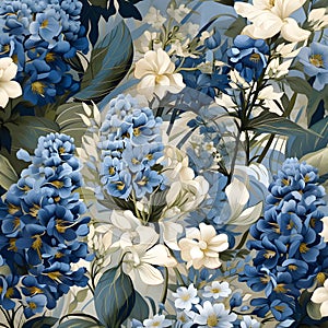 Seamless pattern with blue hydrangea flowers. Vector illustration