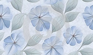 Seamless pattern with blue hydrangea flowers on white marble background