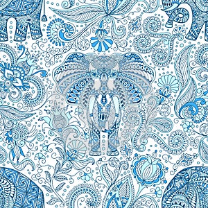 Seamless pattern with blue Indian Elephant