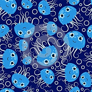 Seamless pattern from blue jellyfish cartoon