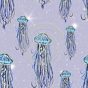 SEAMLESS PATTERN WITH BLUE JELLYFISHES ON LILAC BACKGROUND