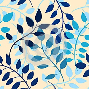 Seamless pattern with blue leaves on beige background