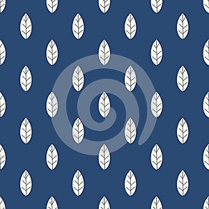 Seamless pattern from blue leaves. Strict flat design. Geometric background. Printing on fabric, wrapping paper. Vector