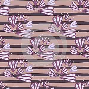 Seamless pattern with blue light flower figures. Purple contoured ornament on beige and brown stripped background