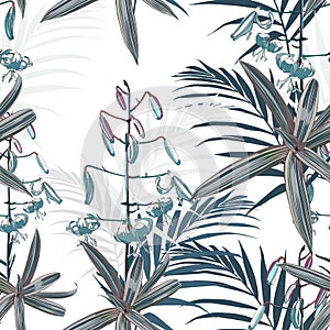 Seamless pattern, blue lilies flowers and green exotic plants on bright background