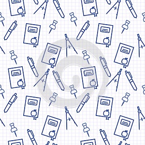 Seamless pattern with blue line art icon of notebook, compasses, pen and compasses on notebook page background.
