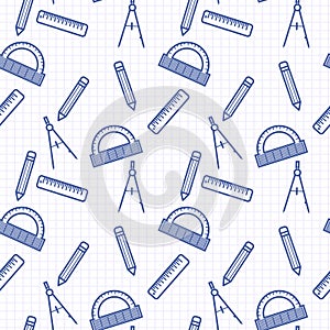 Seamless pattern with blue line art icon of ruler, compasses, pencil and angle ruler on notebook page background.