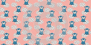 Seamless pattern of blue little pretty lambs sits and smiles, beige clouds on a pink background. Scandinavian style. For printing
