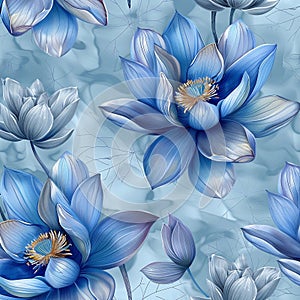 Seamless pattern with blue lotus flowers. Floral background.