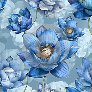 Seamless pattern with blue lotus flowers. Floral background. Vector illustration.