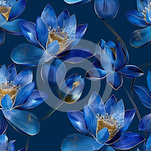 Seamless pattern with blue lotus flowers. Floral watercolor background.