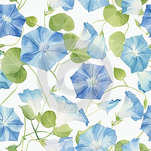 Seamless Pattern of Blue Morning Glory Flowers with Green Leaves