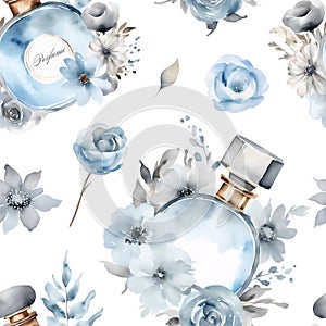 Seamless pattern with blue perfume and grey flowers. Watercolor print