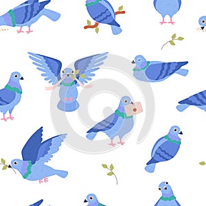 Seamless pattern with blue pigeons flat style, vector illustration
