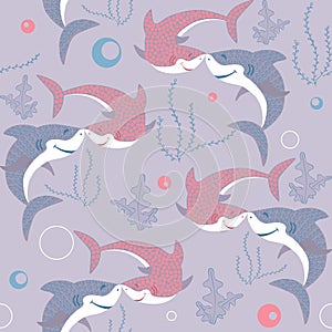 seamless pattern with blue and pink baby sharks, seeweed, bubbles on purple background