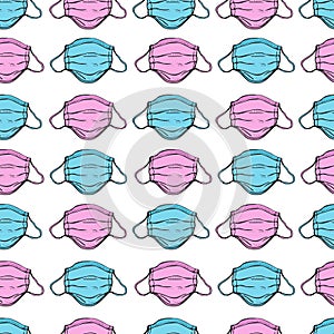 Seamless pattern of blue and pink breathing medical respiratory mask to fight against the virus on a white background