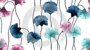 Seamless pattern, blue, pink and cyan carnation flowers with curved branch on white background