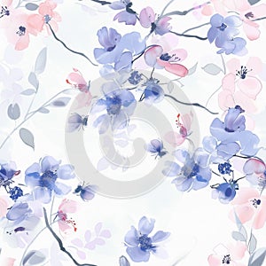 Seamless pattern of blue and pink flowers on white background