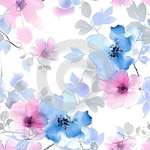 Seamless pattern of blue and pink flowers on white background