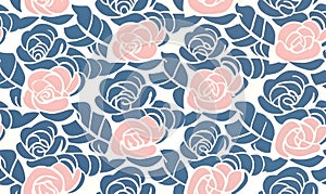 Seamless pattern with blue and pink roses on a white background