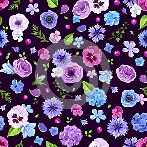 Seamless pattern with blue and purple flowers. Vector illustration.