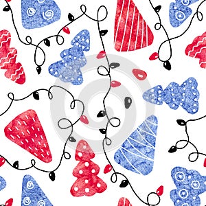 Seamless pattern with blue and red christmas trees and festive garland isolated on white background. Abstract pattern collage of