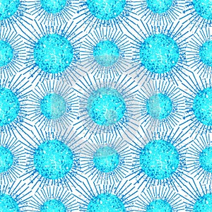 Seamless pattern. Blue round virus microbe on a light background. In the retro style, the texture is an abstraction.