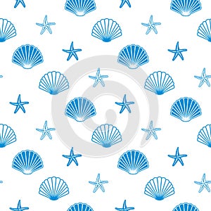 seamless pattern with blue seashells and starfish - white vector background