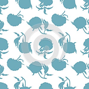 Seamless pattern with blue silhouettes of peonies