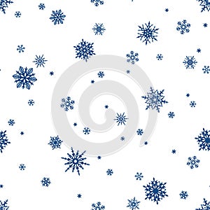 Seamless pattern with blue snowflakes on white. Vector illustration.