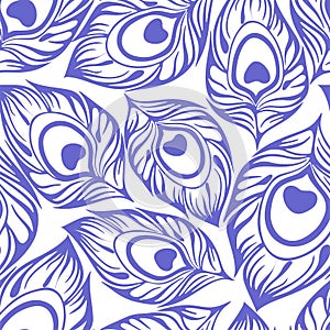 seamless pattern of blue stylized peacock feathers on a white background, texture