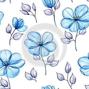 seamless pattern with blue transparent flowers. watercolor drawing, x-ray