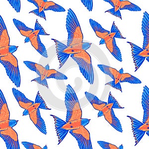 Seamless pattern. Blue tropical bird on a white background. bird of paradise. Hand drawn brush stroke elements.