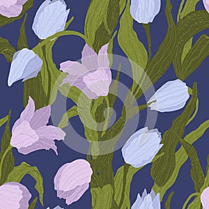 Seamless pattern of blue and violet flowers on dark blue background. Vector illustration.