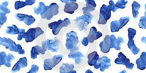 Seamless pattern with blue watercolor brush strokes, smudges, abstract forms.