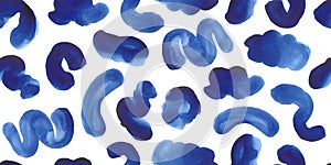 Seamless pattern with blue watercolor brush strokes, smudges, abstract forms.