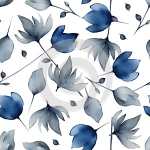 Seamless pattern with blue watercolor flowers. Simple floral endless wallpaper, fabric print.