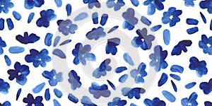 Seamless pattern with blue watercolor flowers. Simple hand painted floral endless wallpaper, fabric print.