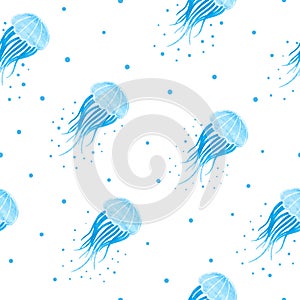 Seamless pattern with blue watercolor jellyfish. Sea background.