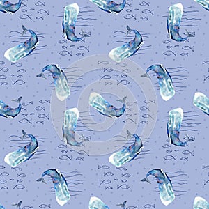 Seamless pattern with blue whale, doodle background, watercolor illustration.