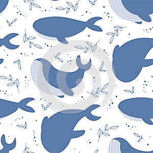 Seamless pattern with blue whales on white.