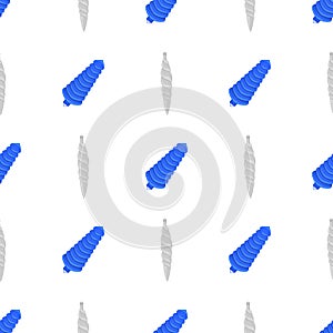 Seamless pattern with blue and white christmas spiral toys on white background. Holiday christmas swirl toy for fir tree. Vector