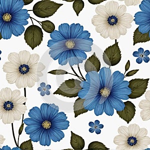 Seamless pattern with blue and white flowers