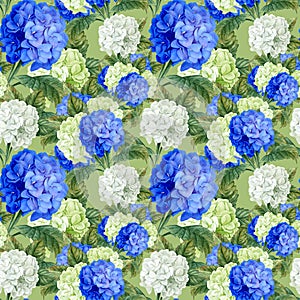 Seamless pattern of blue and white hydrangea buds