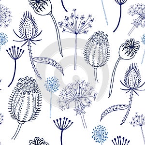 Seamless pattern of blue wild flowers and teasels.