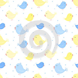 Seamless pattern of blue and yellow birds with hearts. Vector image for boy and girl. Illustration for holiday, baby shower, birth